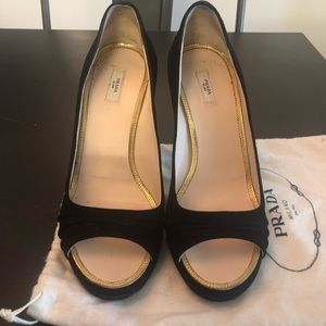 Black Prada Suede Peep Toe Heels